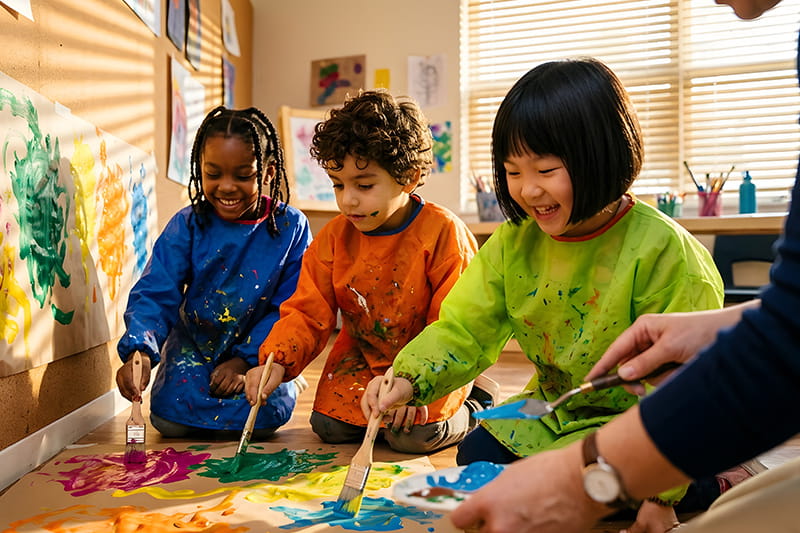 Drei Kinder unterschiedlicher kultureller Herkunft malen zusammen.